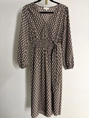 Böhme Smocked Waist Midi Dress S Black Tan Diamond Print Long Sleeve